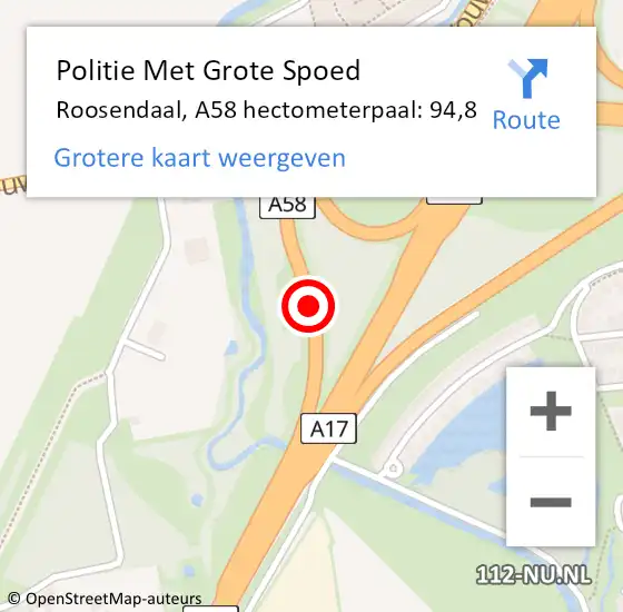 Locatie op kaart van de 112 melding: Politie Met Grote Spoed Naar Roosendaal, A58 hectometerpaal: 94,8 op 12 november 2024 10:43