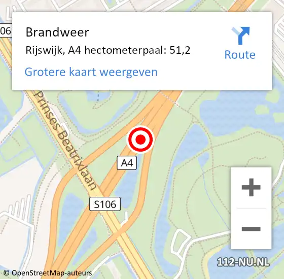 Locatie op kaart van de 112 melding: Brandweer Rijswijk, A4 hectometerpaal: 51,2 op 12 november 2024 11:09