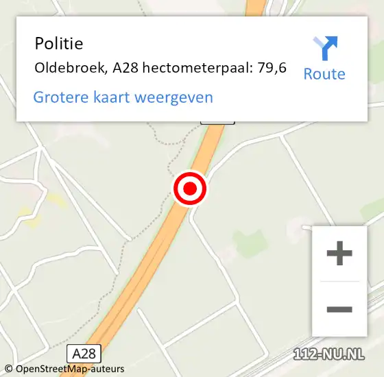 Locatie op kaart van de 112 melding: Politie Oldebroek, A28 hectometerpaal: 79,6 op 12 november 2024 11:11