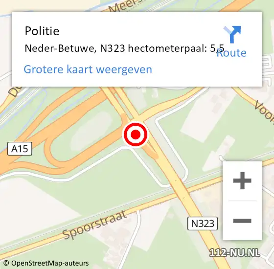 Locatie op kaart van de 112 melding: Politie Neder-Betuwe, N323 hectometerpaal: 5,5 op 12 november 2024 13:20