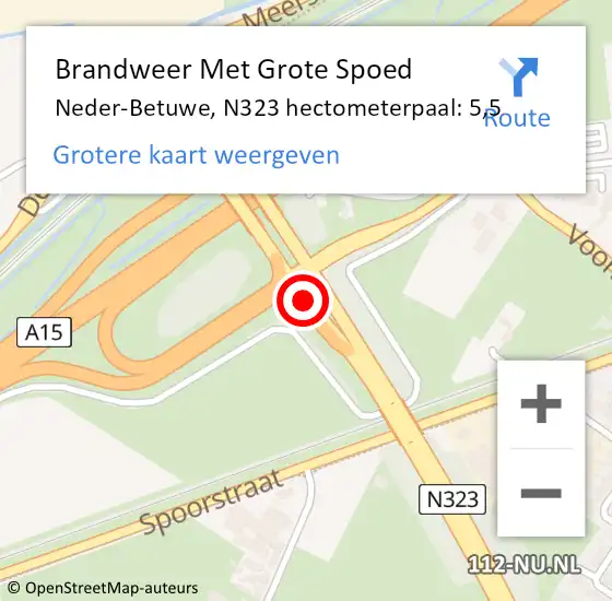 Locatie op kaart van de 112 melding: Brandweer Met Grote Spoed Naar Neder-Betuwe, N323 hectometerpaal: 5,5 op 12 november 2024 13:20