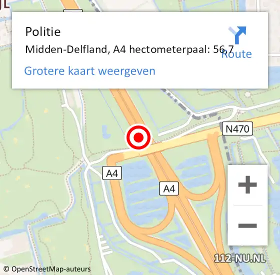 Locatie op kaart van de 112 melding: Politie Midden-Delfland, A4 hectometerpaal: 56,7 op 12 november 2024 15:20