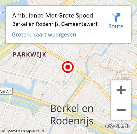 Locatie op kaart van de 112 melding: Ambulance Met Grote Spoed Naar Berkel en Rodenrijs, Gemeentewerf op 12 november 2024 15:36