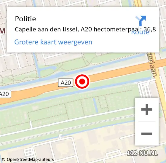 Locatie op kaart van de 112 melding: Politie Capelle aan den IJssel, A20 hectometerpaal: 36,8 op 12 november 2024 16:06