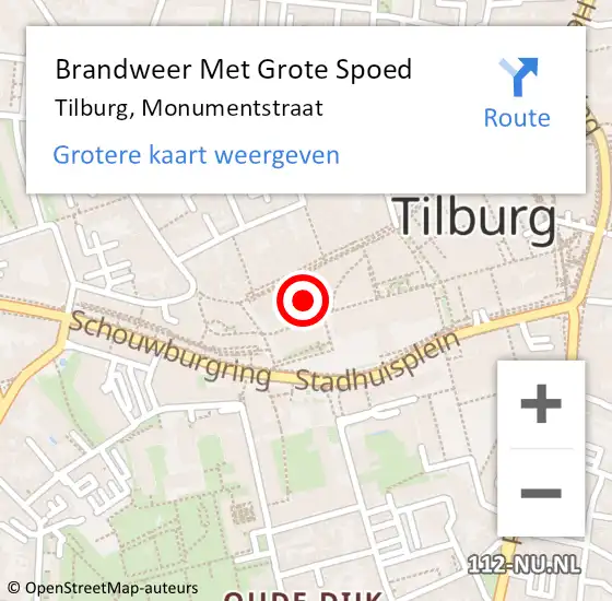 Locatie op kaart van de 112 melding: Brandweer Met Grote Spoed Naar Tilburg, Monumentstraat op 12 november 2024 17:04