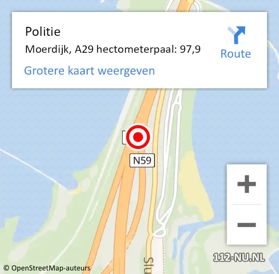 Locatie op kaart van de 112 melding: Politie Moerdijk, A29 hectometerpaal: 97,9 op 12 november 2024 17:30