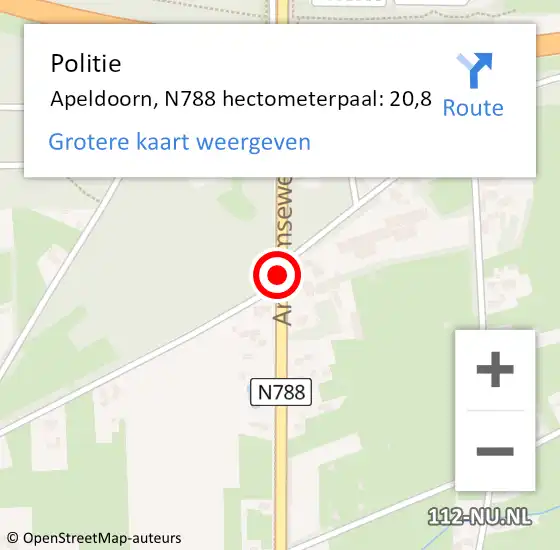 Locatie op kaart van de 112 melding: Politie Apeldoorn, N788 hectometerpaal: 20,8 op 12 november 2024 17:44