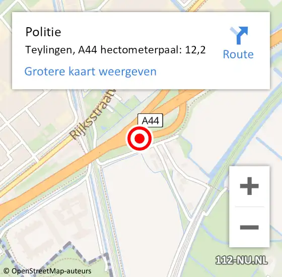 Locatie op kaart van de 112 melding: Politie Teylingen, A44 hectometerpaal: 12,2 op 12 november 2024 17:49