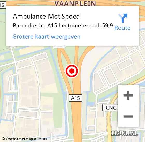 Locatie op kaart van de 112 melding: Ambulance Met Spoed Naar Barendrecht, A15 hectometerpaal: 59,9 op 12 november 2024 18:08