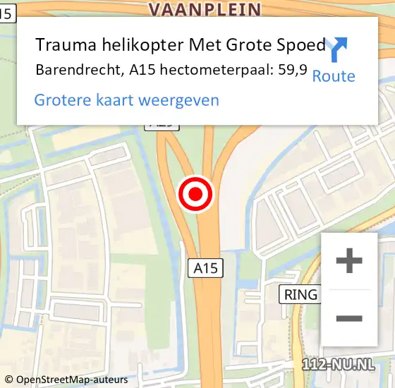 Locatie op kaart van de 112 melding: Trauma helikopter Met Grote Spoed Naar Barendrecht, A15 hectometerpaal: 59,9 op 12 november 2024 18:12