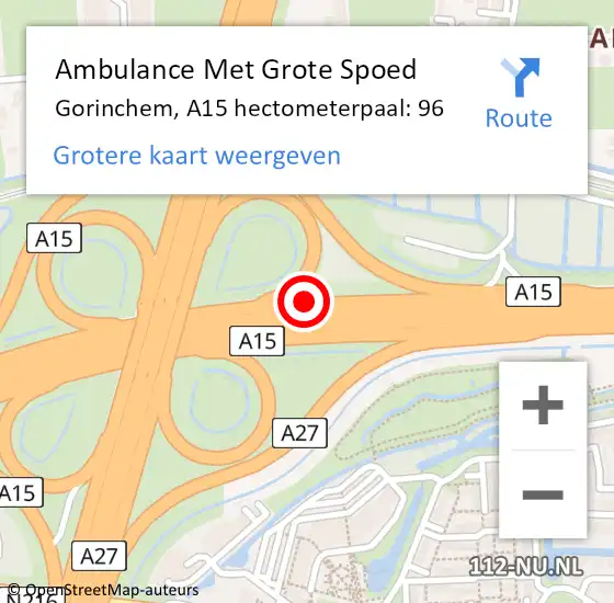 Locatie op kaart van de 112 melding: Ambulance Met Grote Spoed Naar Gorinchem, A15 hectometerpaal: 96 op 12 november 2024 18:16