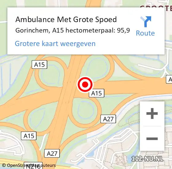 Locatie op kaart van de 112 melding: Ambulance Met Grote Spoed Naar Gorinchem, A15 hectometerpaal: 95,9 op 12 november 2024 18:16