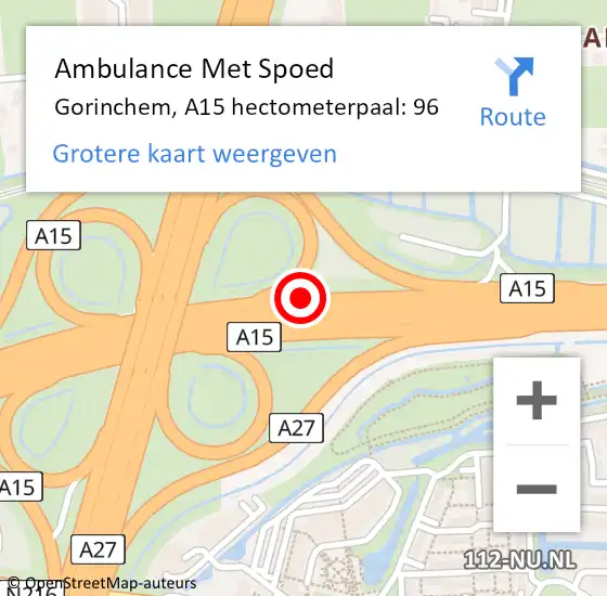 Locatie op kaart van de 112 melding: Ambulance Met Spoed Naar Gorinchem, A15 hectometerpaal: 96 op 12 november 2024 18:19