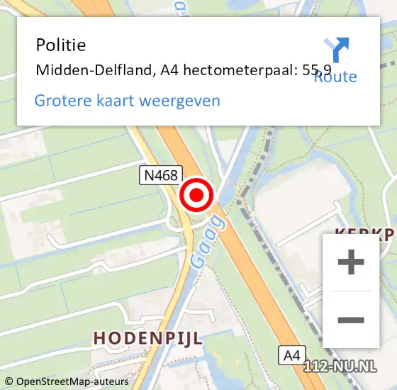 Locatie op kaart van de 112 melding: Politie Midden-Delfland, A4 hectometerpaal: 55,9 op 12 november 2024 19:16