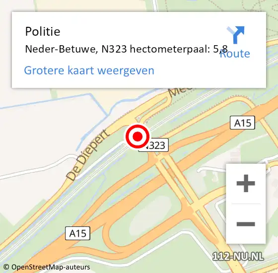 Locatie op kaart van de 112 melding: Politie Neder-Betuwe, N323 hectometerpaal: 5,8 op 12 november 2024 21:51