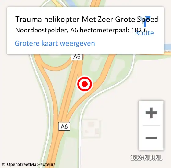 Locatie op kaart van de 112 melding: Trauma helikopter Met Zeer Grote Spoed Naar Noordoostpolder, A6 hectometerpaal: 102,6 op 12 november 2024 23:56