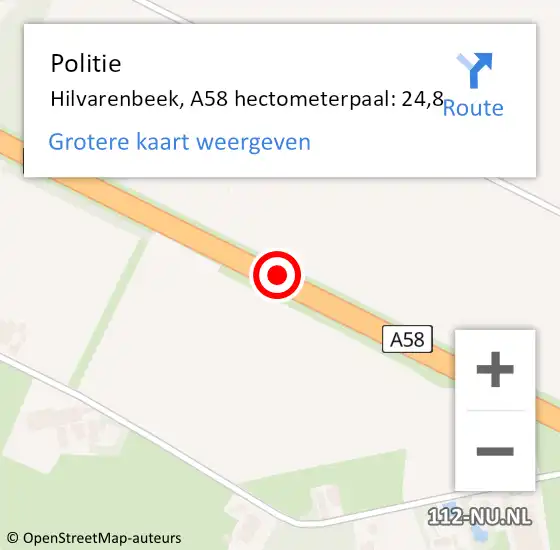 Locatie op kaart van de 112 melding: Politie Hilvarenbeek, A58 hectometerpaal: 24,8 op 13 november 2024 07:43