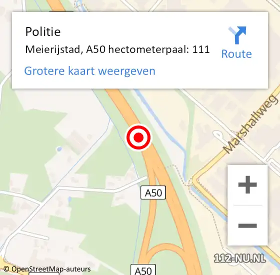 Locatie op kaart van de 112 melding: Politie Meierijstad, A50 hectometerpaal: 111 op 13 november 2024 08:12