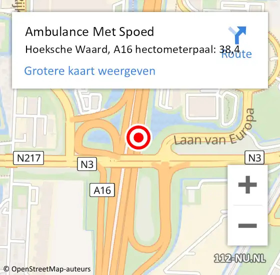 Locatie op kaart van de 112 melding: Ambulance Met Spoed Naar Hoeksche Waard, A16 hectometerpaal: 38,4 op 13 november 2024 08:35