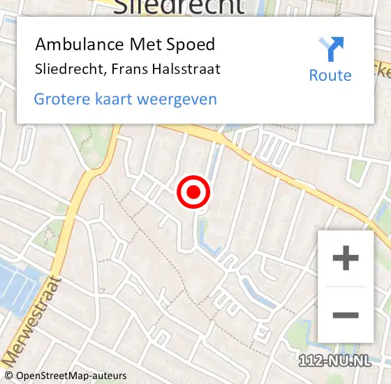 Locatie op kaart van de 112 melding: Ambulance Met Spoed Naar Sliedrecht, Frans Halsstraat op 13 november 2024 10:19