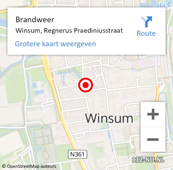 Locatie op kaart van de 112 melding: Brandweer Winsum, Regnerus Praediniusstraat op 13 november 2024 10:42