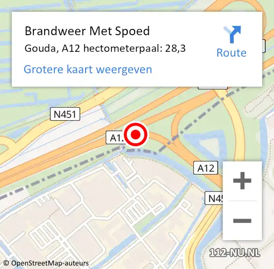 Locatie op kaart van de 112 melding: Brandweer Met Spoed Naar Gouda, A12 hectometerpaal: 28,3 op 13 november 2024 12:39