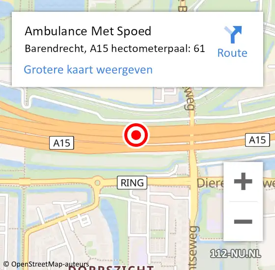 Locatie op kaart van de 112 melding: Ambulance Met Spoed Naar Barendrecht, A15 hectometerpaal: 61 op 13 november 2024 13:49