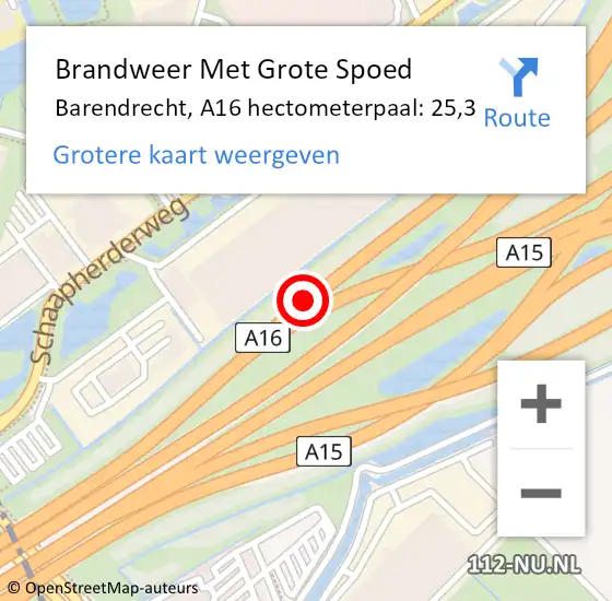 Locatie op kaart van de 112 melding: Brandweer Met Grote Spoed Naar Barendrecht, A16 hectometerpaal: 25,3 op 13 november 2024 14:31