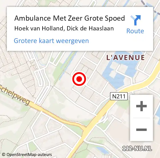 Locatie op kaart van de 112 melding: Ambulance Met Zeer Grote Spoed Naar Hoek van Holland, Dick de Haaslaan op 13 november 2024 14:52