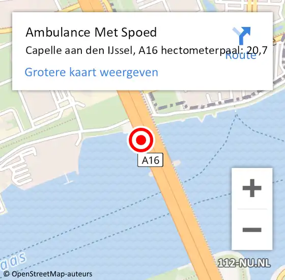 Locatie op kaart van de 112 melding: Ambulance Met Spoed Naar Capelle aan den IJssel, A16 hectometerpaal: 20,7 op 13 november 2024 15:06