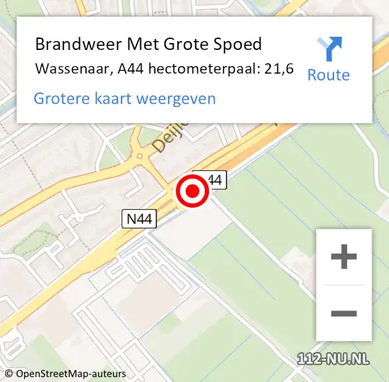 Locatie op kaart van de 112 melding: Brandweer Met Grote Spoed Naar Wassenaar, A44 hectometerpaal: 21,6 op 13 november 2024 15:08