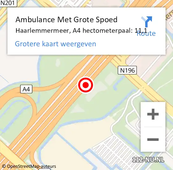 Locatie op kaart van de 112 melding: Ambulance Met Grote Spoed Naar Haarlemmermeer, A4 hectometerpaal: 11,1 op 13 november 2024 15:18