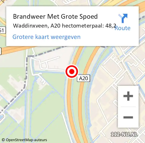 Locatie op kaart van de 112 melding: Brandweer Met Grote Spoed Naar Waddinxveen, A20 hectometerpaal: 48,2 op 13 november 2024 17:12