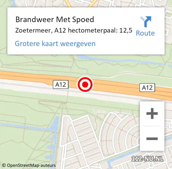 Locatie op kaart van de 112 melding: Brandweer Met Spoed Naar Zoetermeer, A12 hectometerpaal: 12,5 op 13 november 2024 17:22