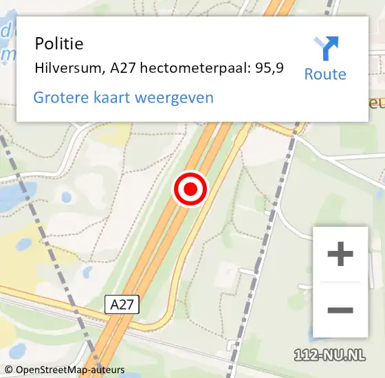 Locatie op kaart van de 112 melding: Politie Hilversum, A27 hectometerpaal: 95,9 op 13 november 2024 17:24