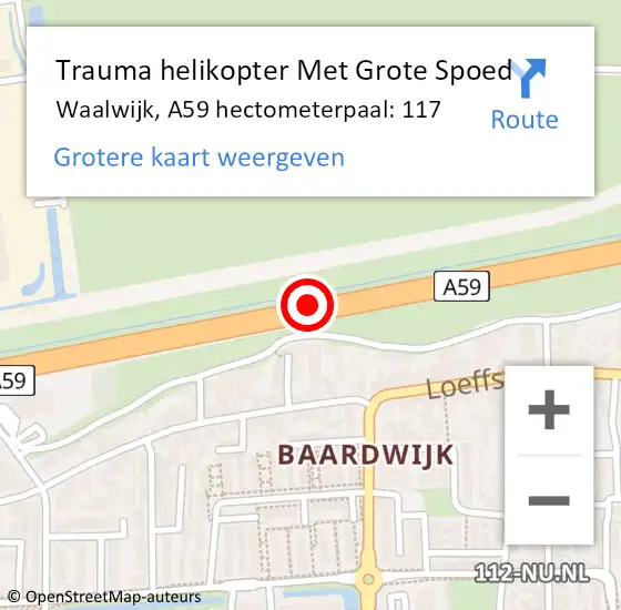 Locatie op kaart van de 112 melding: Trauma helikopter Met Grote Spoed Naar Waalwijk, A59 hectometerpaal: 117 op 13 november 2024 19:02