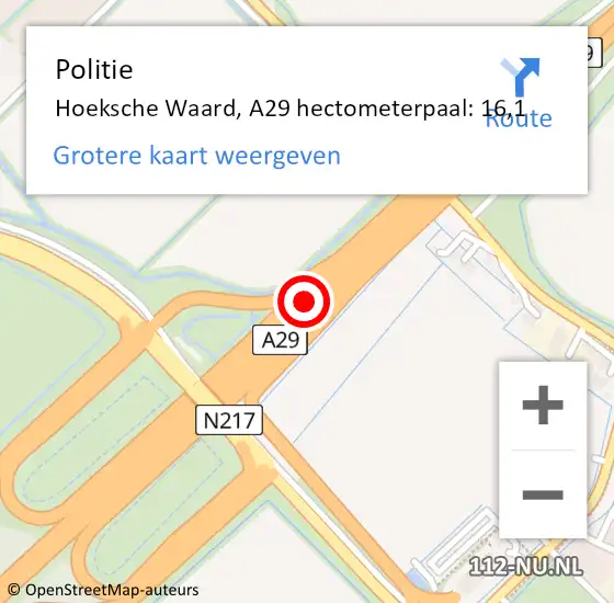 Locatie op kaart van de 112 melding: Politie Hoeksche Waard, A29 hectometerpaal: 16,1 op 13 november 2024 21:05