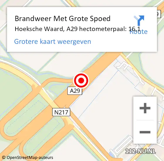 Locatie op kaart van de 112 melding: Brandweer Met Grote Spoed Naar Hoeksche Waard, A29 hectometerpaal: 16,1 op 13 november 2024 21:06