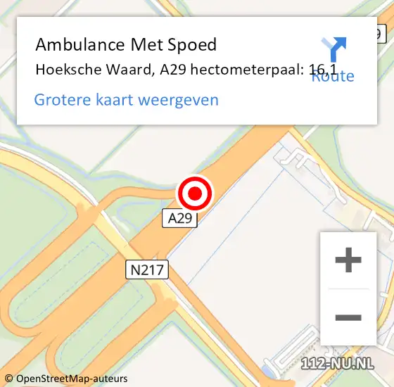 Locatie op kaart van de 112 melding: Ambulance Met Spoed Naar Hoeksche Waard, A29 hectometerpaal: 16,1 op 13 november 2024 21:07