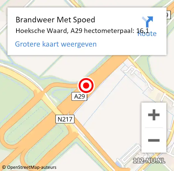 Locatie op kaart van de 112 melding: Brandweer Met Spoed Naar Hoeksche Waard, A29 hectometerpaal: 16,1 op 13 november 2024 21:57