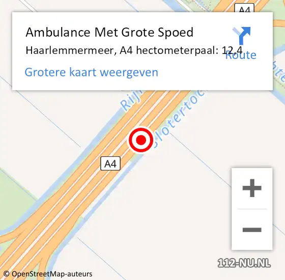 Locatie op kaart van de 112 melding: Ambulance Met Grote Spoed Naar Haarlemmermeer, A4 hectometerpaal: 12,4 op 14 november 2024 00:35