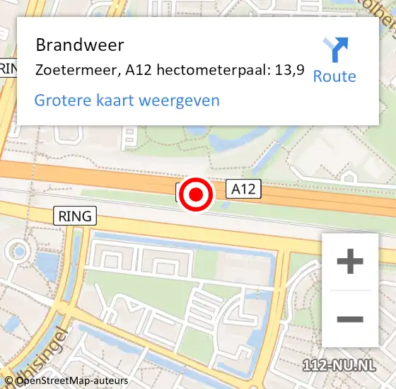 Locatie op kaart van de 112 melding: Brandweer Zoetermeer, A12 hectometerpaal: 13,9 op 14 november 2024 01:24