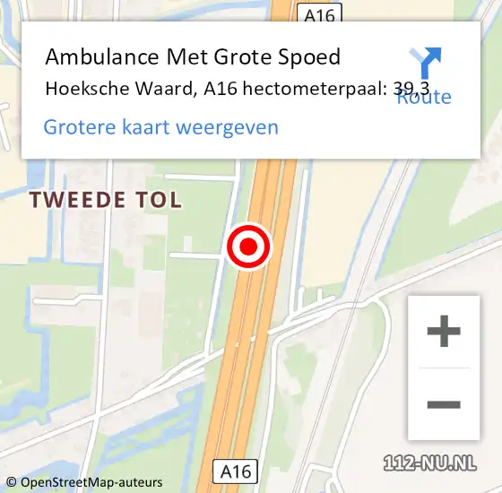 Locatie op kaart van de 112 melding: Ambulance Met Grote Spoed Naar Hoeksche Waard, A16 hectometerpaal: 39,3 op 14 november 2024 01:36