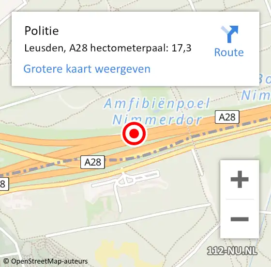 Locatie op kaart van de 112 melding: Politie Leusden, A28 hectometerpaal: 17,3 op 14 november 2024 07:20