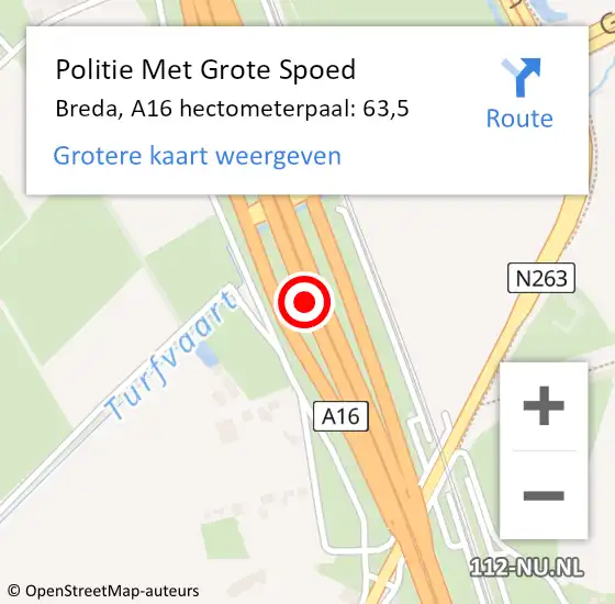 Locatie op kaart van de 112 melding: Politie Met Grote Spoed Naar Breda, A16 hectometerpaal: 63,5 op 14 november 2024 07:59