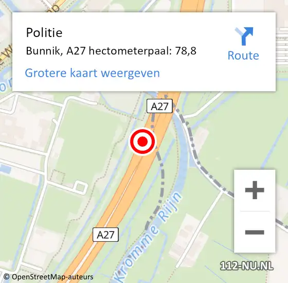 Locatie op kaart van de 112 melding: Politie Bunnik, A27 hectometerpaal: 78,8 op 14 november 2024 08:05