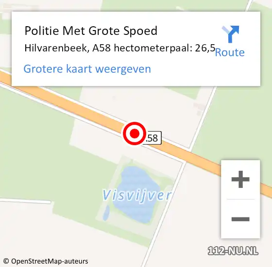 Locatie op kaart van de 112 melding: Politie Met Grote Spoed Naar Hilvarenbeek, A58 hectometerpaal: 26,5 op 14 november 2024 08:39