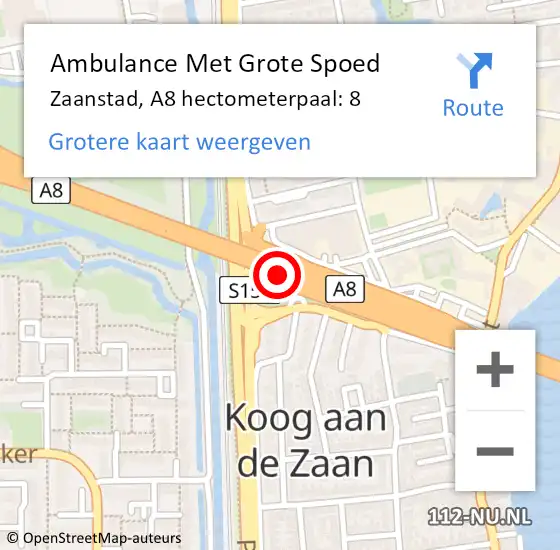 Locatie op kaart van de 112 melding: Ambulance Met Grote Spoed Naar Zaanstad, A8 hectometerpaal: 8 op 14 november 2024 08:55