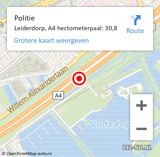 Locatie op kaart van de 112 melding: Politie Leiderdorp, A4 hectometerpaal: 30,8 op 14 november 2024 08:58