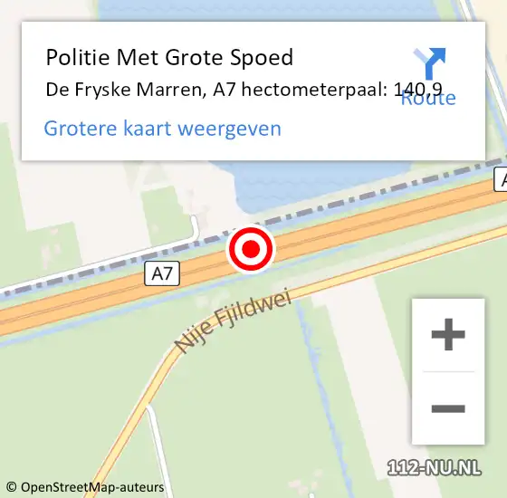 Locatie op kaart van de 112 melding: Politie Met Grote Spoed Naar De Fryske Marren, A7 hectometerpaal: 140,9 op 14 november 2024 09:31